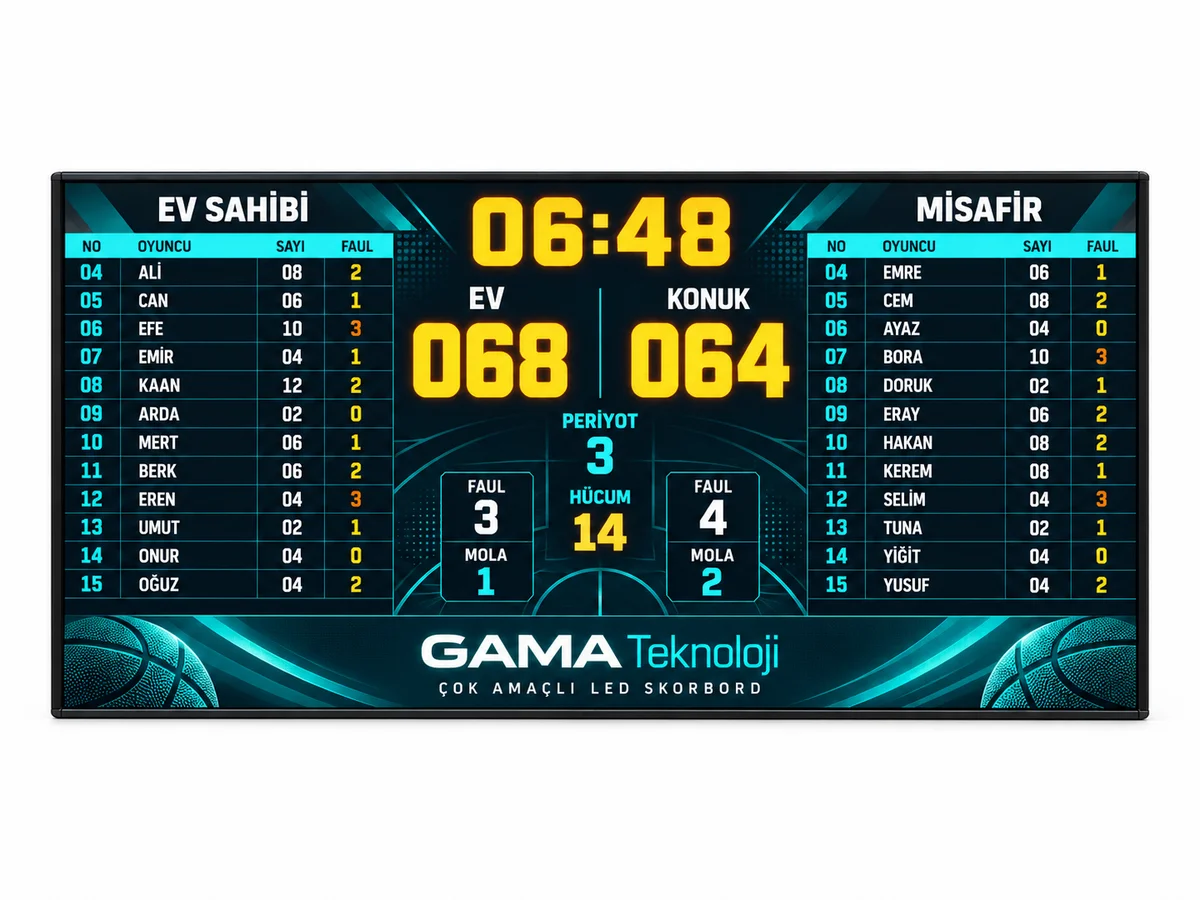 GAMA Teknoloji 384×192 cm P2.8 RGB basketbol skorbordu; oyuncu isimleri, bireysel sayı ve faul göstergeleri