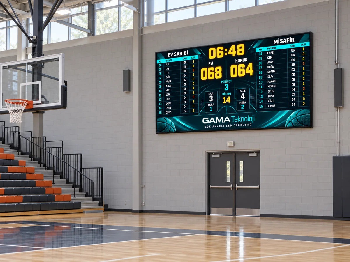 GAMA Teknoloji 384×192 cm P2.8 RGB basketbol skorbordu; oyuncu isimleri, bireysel sayı ve faul göstergeleri 2